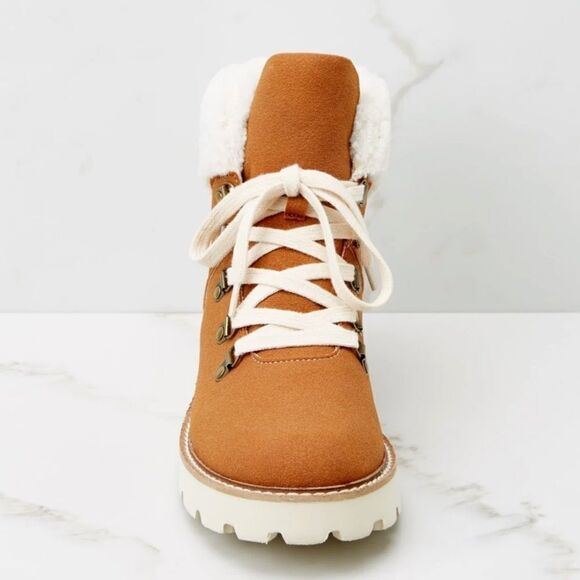 NWT Cognac Brown Lace Up Booties Vegan Sherpa 7 - Picture 5 of 6